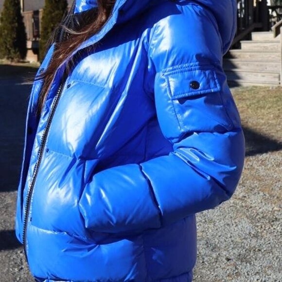 S13 Shiny Blue Down Collared Hooded Down Winter Puffer Coat - Picture 3 of 3
